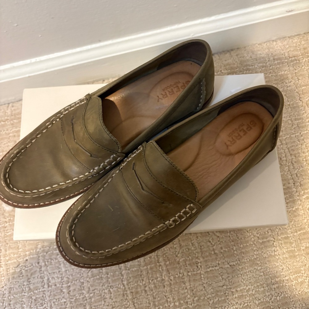 Sperry Seaport Penny Loafers‎ Women 7 Olive Green Leather Slip On Shoes Nautical